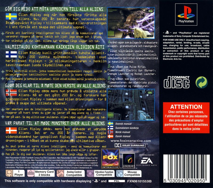 Back Cover for Alien: Resurrection (PlayStation)