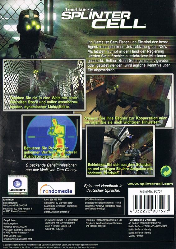 Back Cover for Tom Clancy's Splinter Cell: Double Pack (Windows)