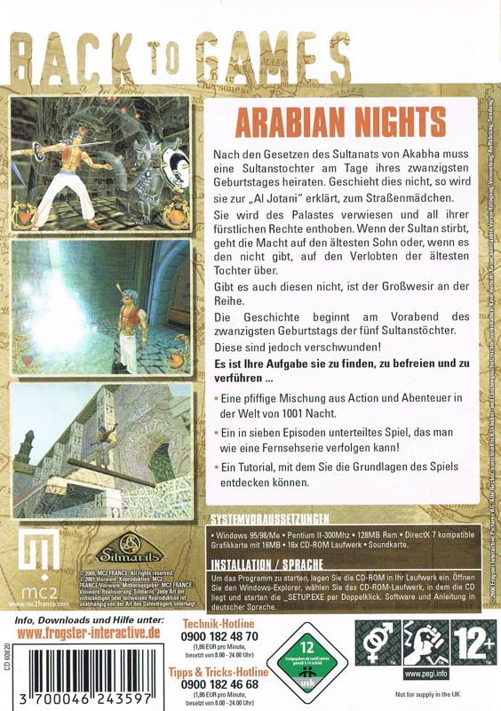 Back Cover for Arabian Nights (Windows) (Back to Games re-release)