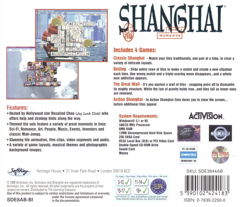 Back Cover for Shanghai: Great Moments (Windows 3.x) (Softkey release)