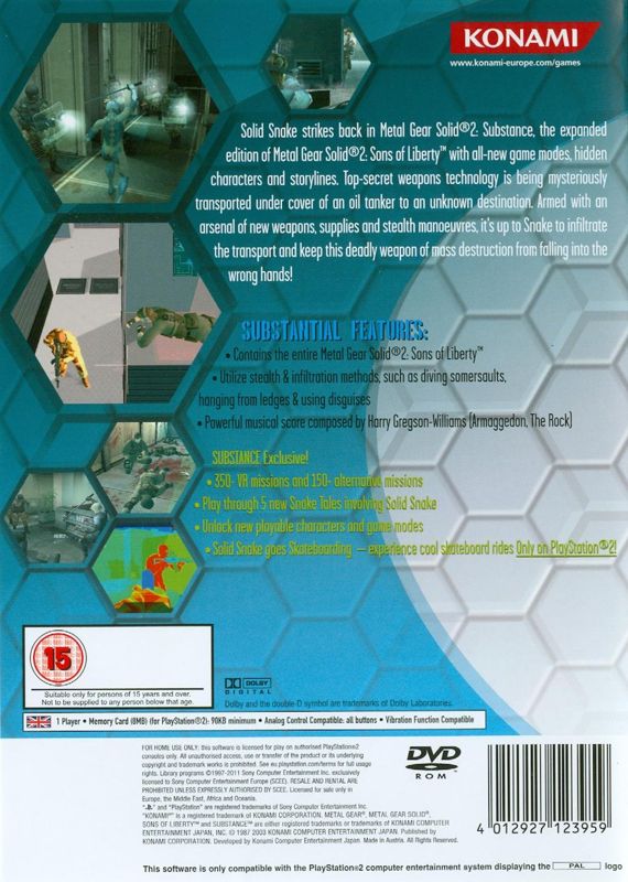 Back Cover for Metal Gear Solid 2: Substance (PlayStation 2) (2011 release)