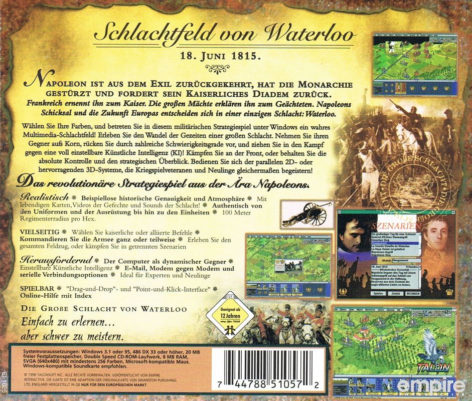 Other for Battleground 3: Waterloo (Windows and Windows 3.x): Jewel Case Back