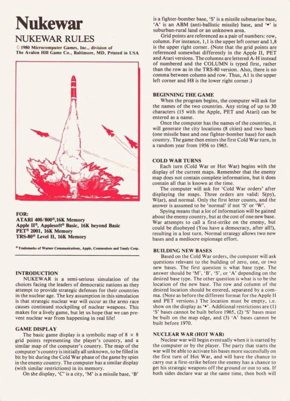 Manual for Nukewar (Apple II and Commodore PET/CBM and TRS-80): Front