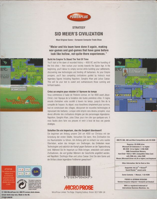 Back Cover for Sid Meier's Civilization (DOS) (Altenate "Powerplus Strategy #1" release (CD-ROM, 1993))