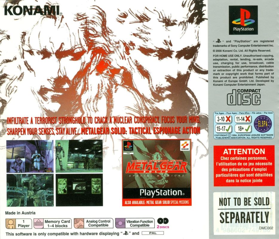 Other for Metal Gear Solid / Metal Gear Solid: Special Missions (PlayStation): MGS (Platinum) - Jewel Case Back