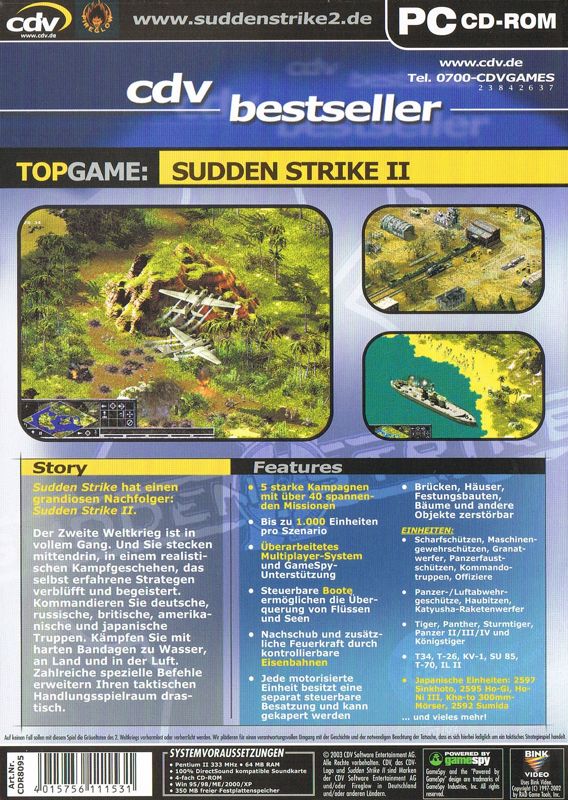 Back Cover for Sudden Strike II (Windows) (CDV Bestseller release)