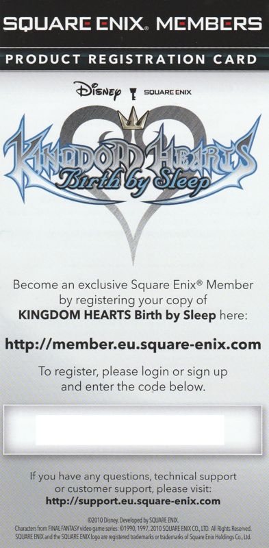Extras for Kingdom Hearts: Birth by Sleep (Special Edition) (PSP): Product Registration Card - Front