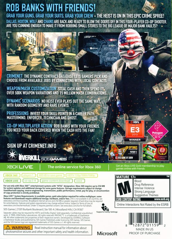 Back Cover for Payday 2 (Xbox 360)