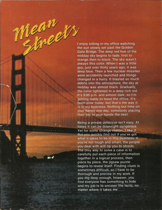 Inside Cover for Mean Streets (DOS) (3.5" disk release (v1.3)): Left