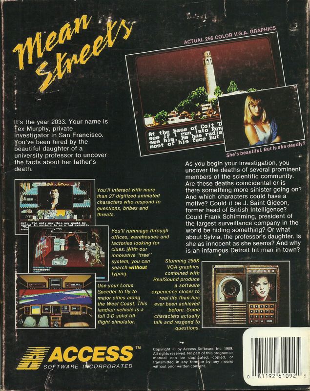 Back Cover for Mean Streets (DOS) (3.5" disk release (v1.3))
