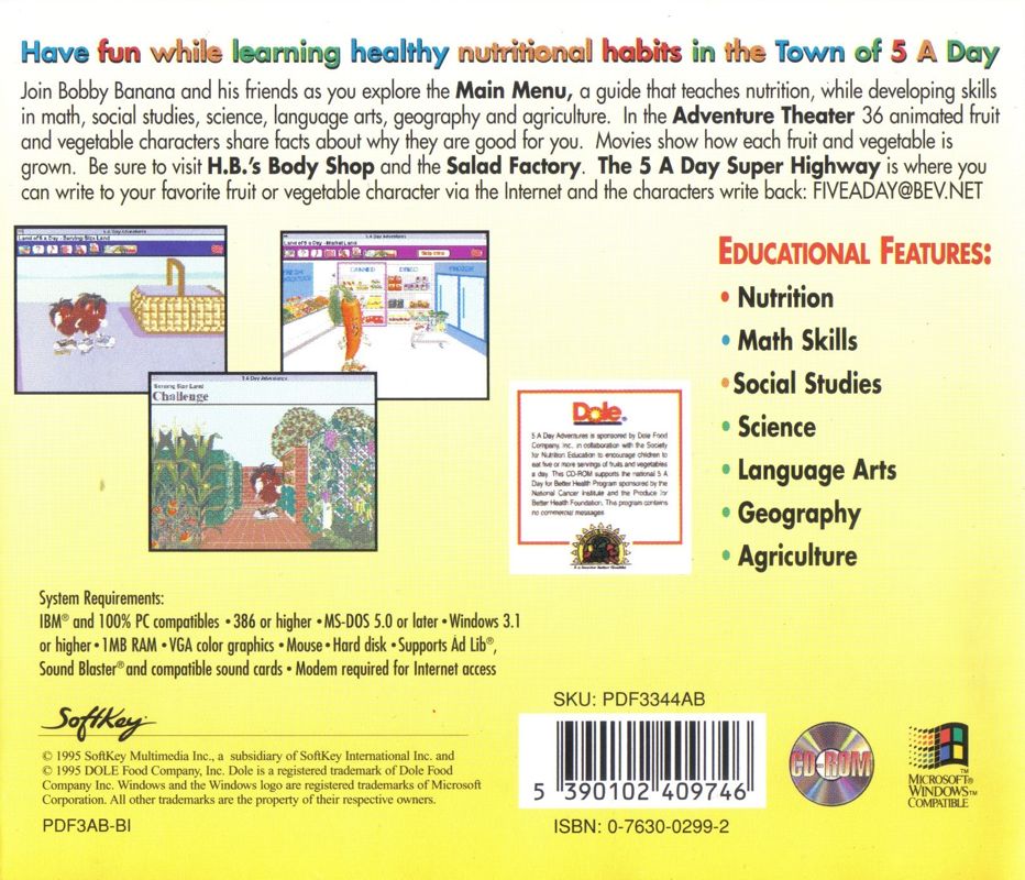 Back Cover for Dole: 5 A Day Adventures (Windows 3.x)