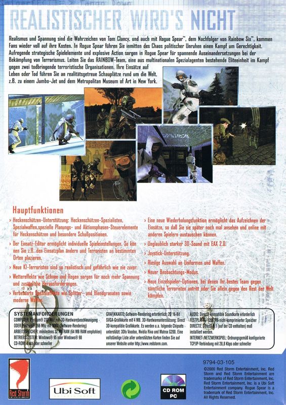 Back Cover for Tom Clancy's Rainbow Six: Rogue Spear (Windows) (Ubi Soft re-release)