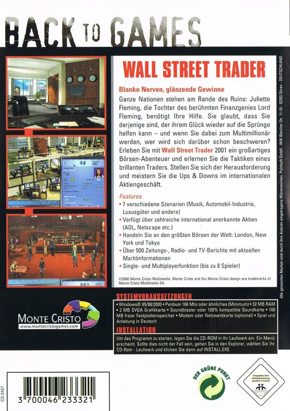 Back Cover for Wall $treet Trader 2001 (Windows) (Back to Games release)