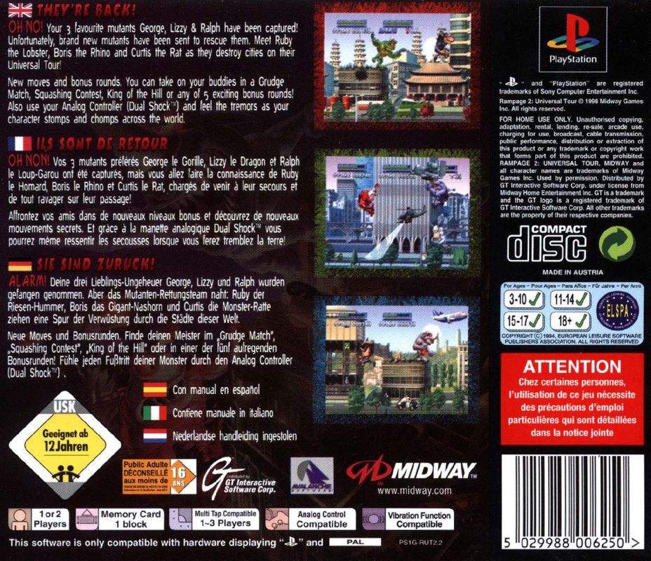 Back Cover for Rampage 2: Universal Tour (PlayStation)