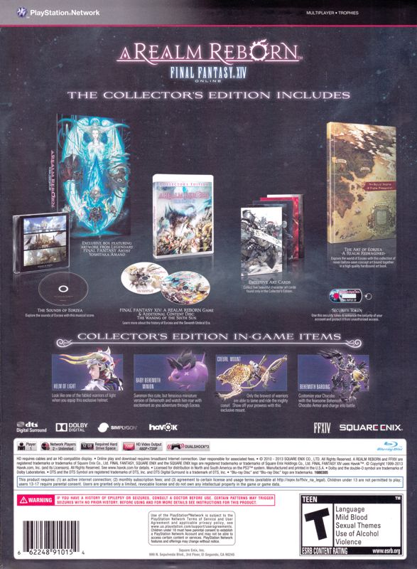 Back Cover for Final Fantasy XIV Online: A Realm Reborn (Collector's Edition) (PlayStation 3)