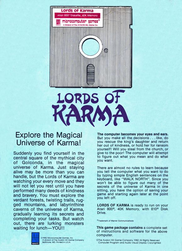 Back Cover for Lords of Karma (Atari 8-bit) (Atari Diskette release)