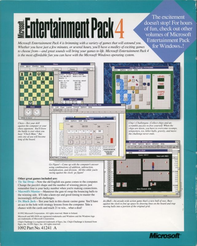 Back Cover for Microsoft Entertainment Pack 4 (Windows 3.x) (Dual media release)