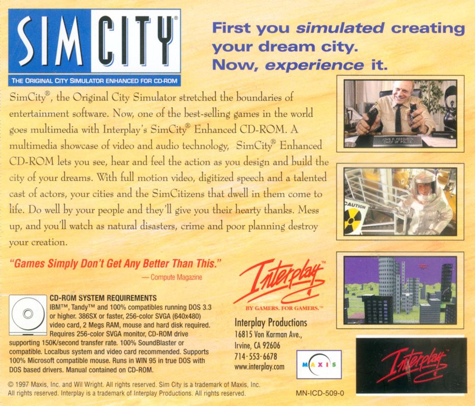 Other for SimCity: Enhanced CD-ROM (DOS) (Interplay re-release): Jewel Case - Back