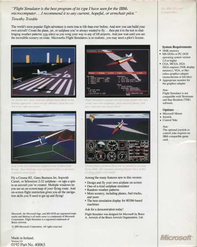 Back Cover for Microsoft Flight Simulator (v4.0) (DOS) (3.5" Disk release)