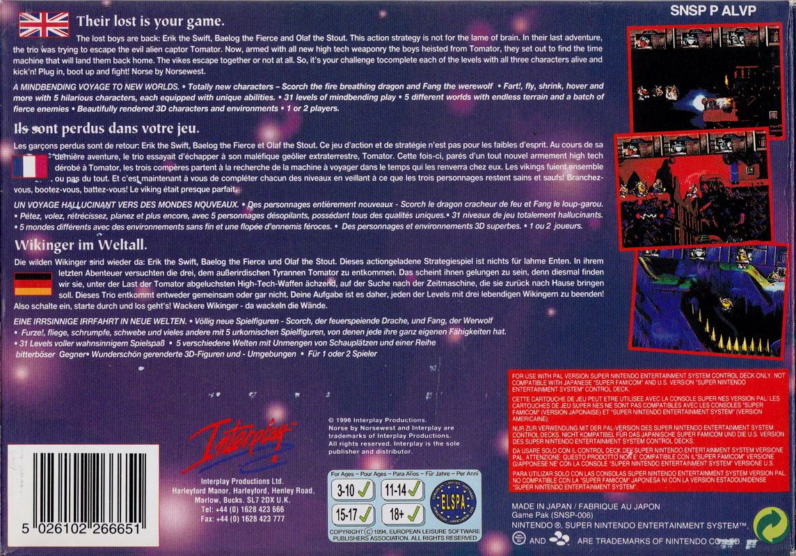 Back Cover for Norse by Norse West: The Return of the Lost Vikings (SNES)