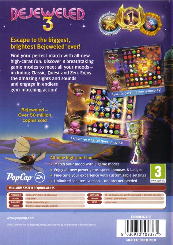 Back Cover for Bejeweled 3 (Windows)