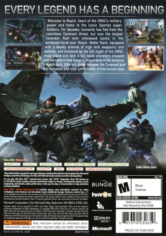 Back Cover for Halo: Reach (Xbox 360) (Re-release)