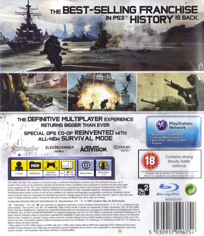 Back Cover for Call of Duty: MW3 (PlayStation 3)