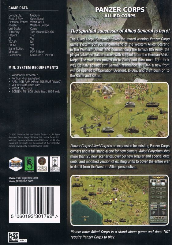 Back Cover for Panzer Corps: Allied Corps (Windows)