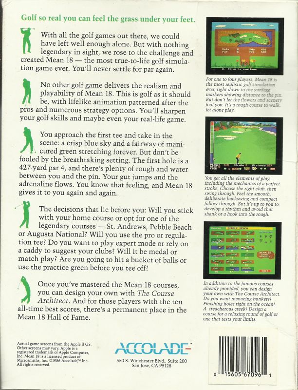 Back Cover for Mean 18 (DOS) (5.25" Release in 1987 with Special Bonus Pack)