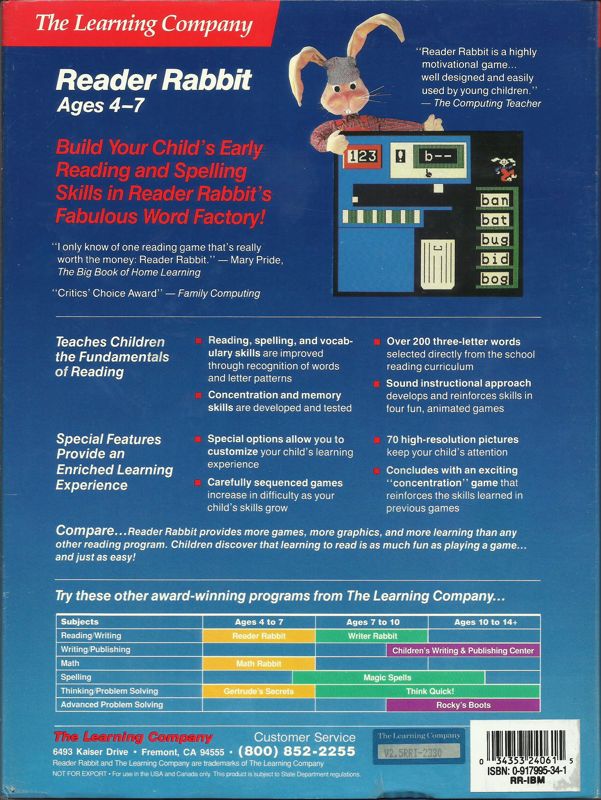 Back Cover for Reader Rabbit (DOS) (5.25" Release (version 2.5))