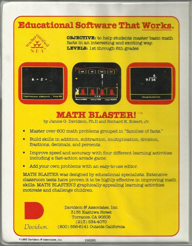 Back Cover for Math Blaster! (DOS) (5.25" Release)