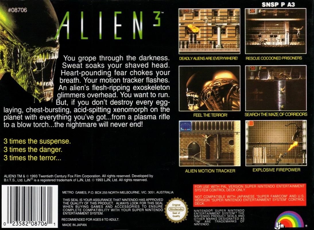 Back Cover for Alien³ (SNES)
