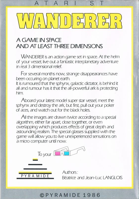 Back Cover for Wanderer (Atari ST) (VHS-cassette book-style, with vacuum-molded inside, for manual and a 3.5" floppy)