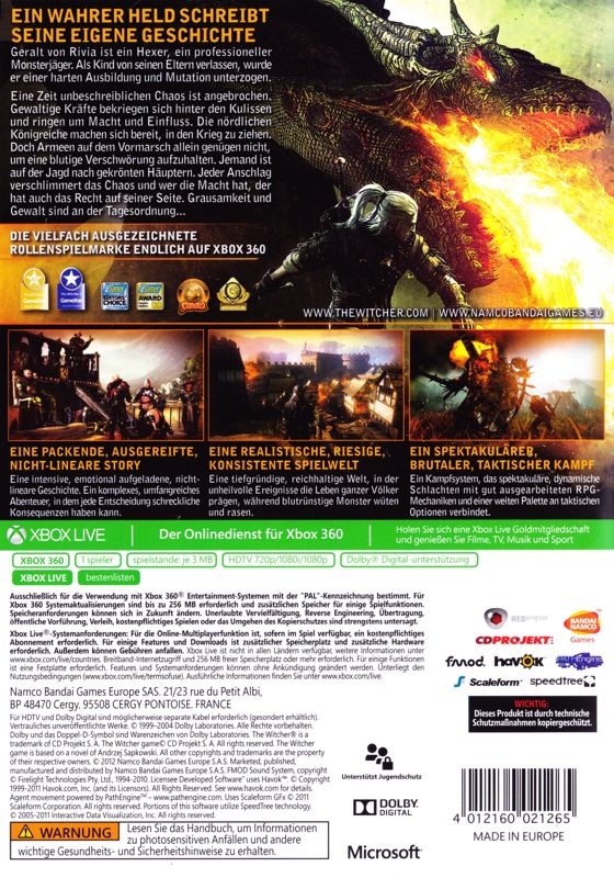 Back Cover for The Witcher 2: Assassins of Kings - Enhanced Edition (Xbox 360) (Classics release)