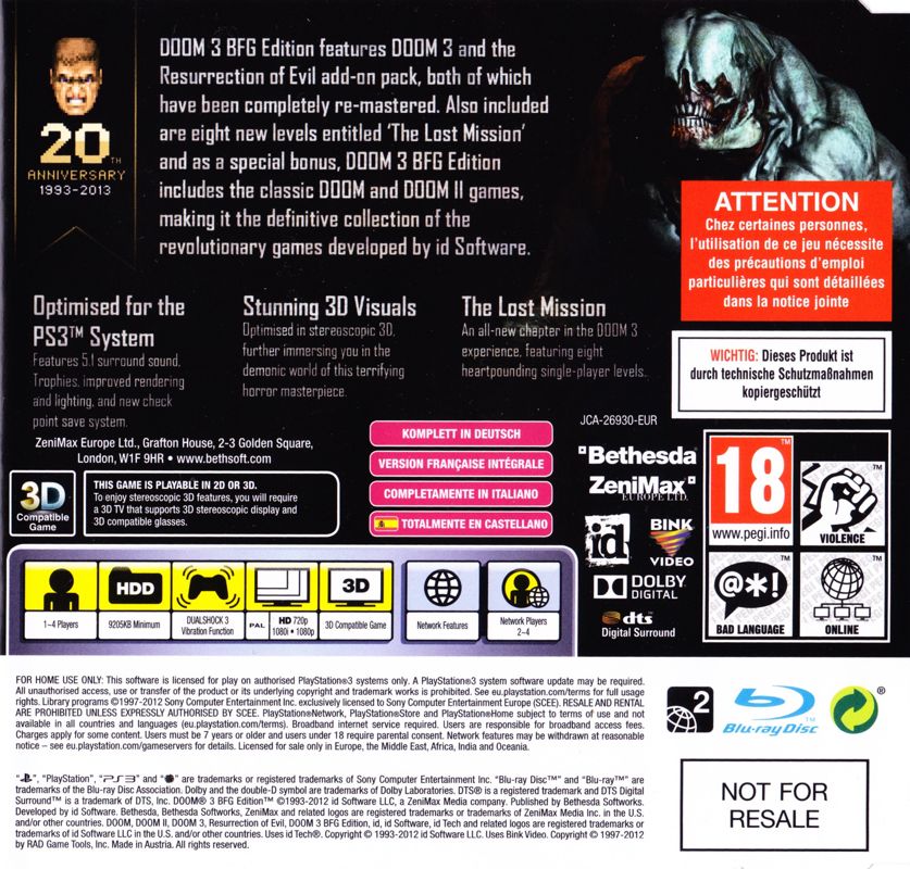 Back Cover for Doom³: BFG Edition (PlayStation 3) (Promotional release)