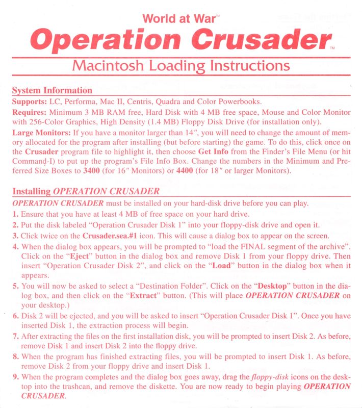 Reference Card for Operation Crusader (Macintosh): Front