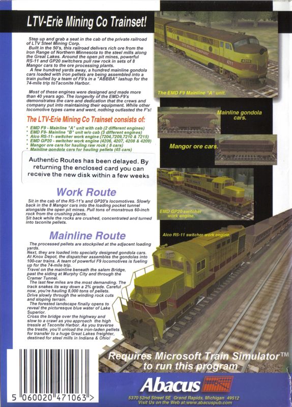 Back Cover for LTV-Erie Mining Company Railroad Trainset (Windows)