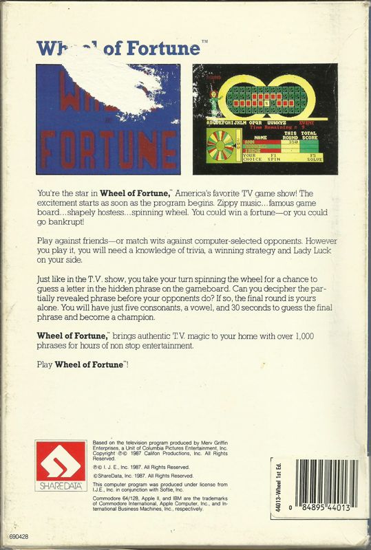 Back Cover for Wheel of Fortune (DOS) (5.25" Release in 1988)