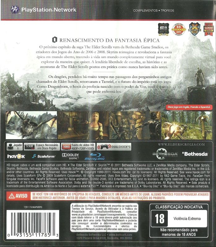 Back Cover for The Elder Scrolls V: Skyrim (PlayStation 3)
