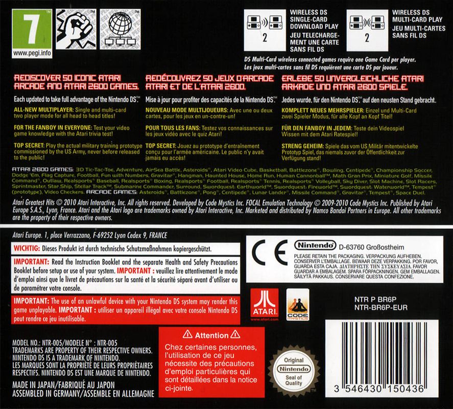 Back Cover for Atari Greatest Hits: Volume 1 (Nintendo DS)