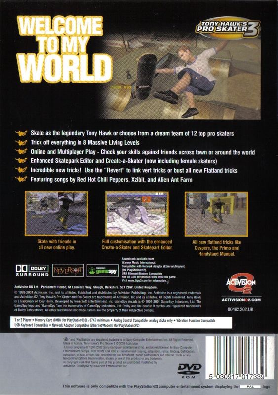 Back Cover for Tony Hawk's Pro Skater 3 (PlayStation 2) (Platinum budget release)
