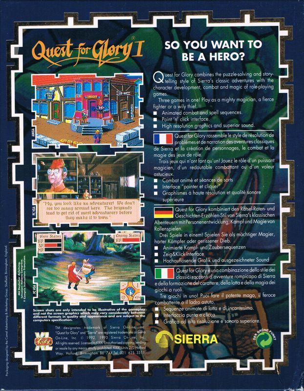Back Cover for Quest for Glory I: So You Want To Be A Hero (DOS) (Kixx XL release): Tray