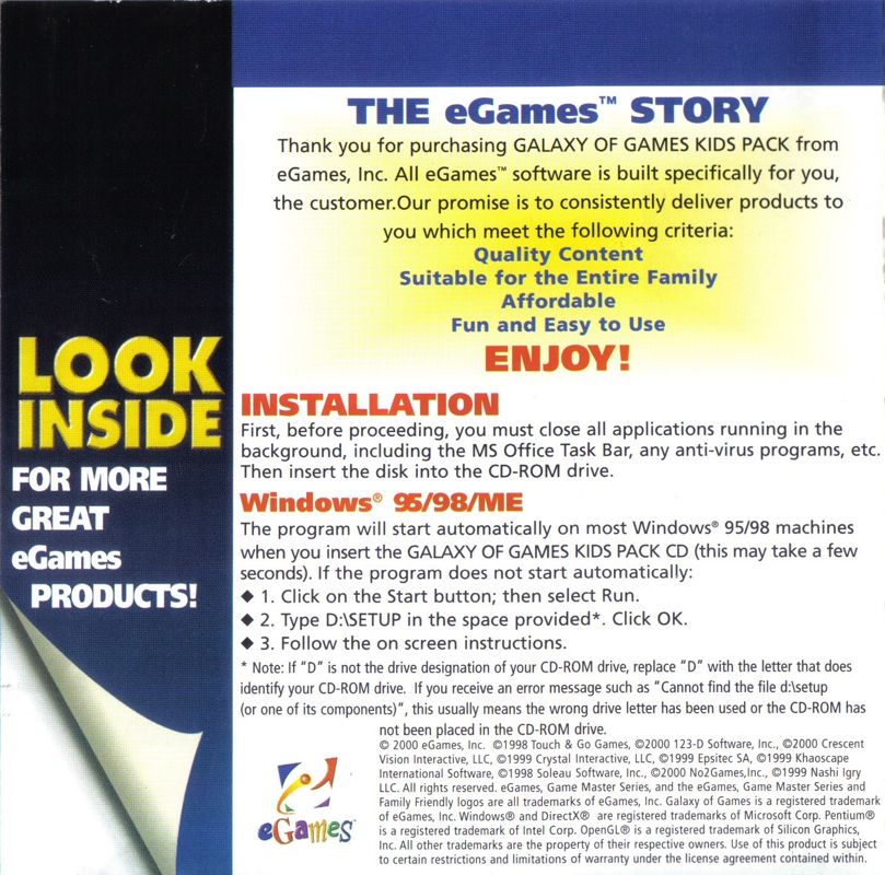 Inside Cover for Galaxy Of Games: Kids Pack (Windows): Left