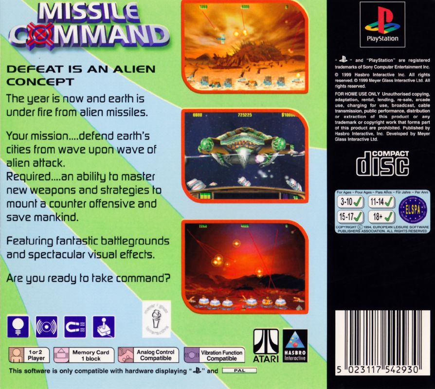 Back Cover for Missile Command (PlayStation)