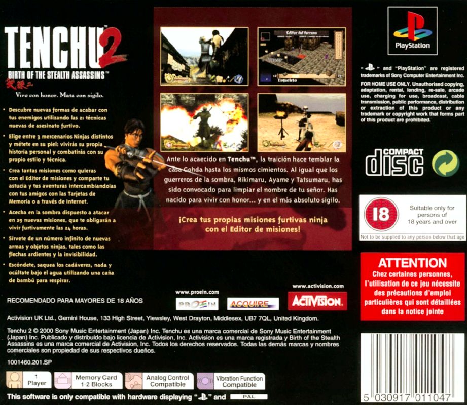 Back Cover for Tenchu 2: Birth of the Stealth Assassins (PlayStation)