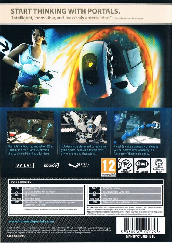 Back Cover for Portal 2 (Macintosh and Windows) (EA Classics release)