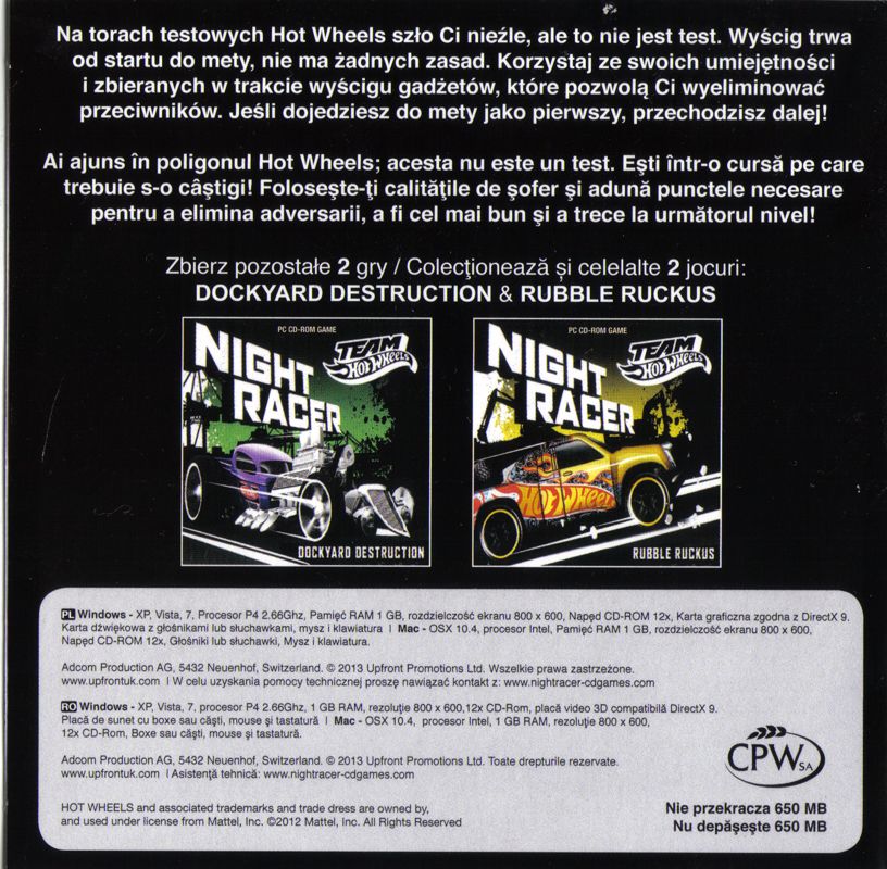 Back Cover for Team Hot Wheels: Night Racer - Street Drift (Macintosh and Windows) (Corn flakes promotional pack)