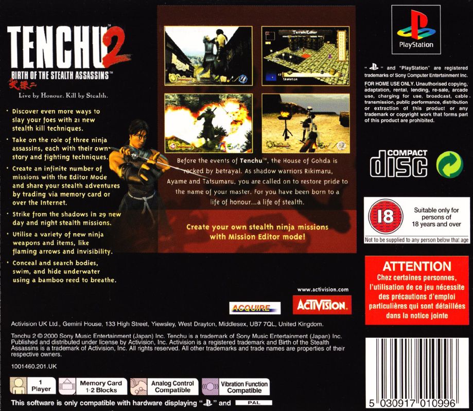 Back Cover for Tenchu 2: Birth of the Stealth Assassins (PlayStation)