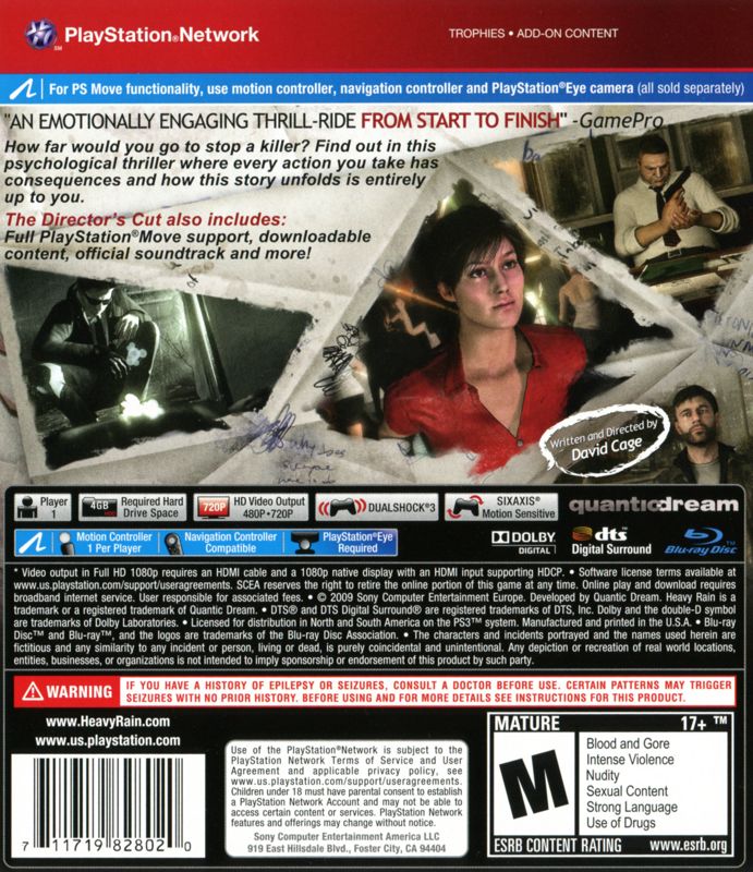 Back Cover for Heavy Rain: Move Edition (PlayStation 3) (Greatest Hits release)