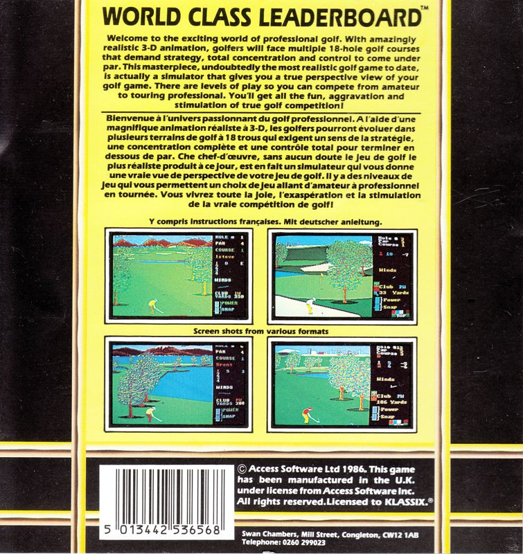 Back Cover for World Class Leader Board (Atari ST) (Klassix Budget release)